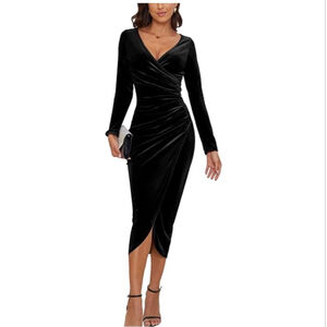 NEW Elegant Velvet Long Sleeve Wrap V Neck Ruched Bodycon XL